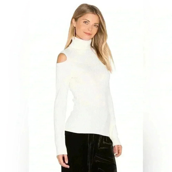 Theory Jemliss Cold Shoulder Ribbed  Wool Turtleneck Sweater Ivory Cream Small - Picture 2 of 16